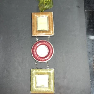 PIER 1 IMPORTS Hanging Triple Photo Frame Gold Red Green Pearlized Enamel 2"x3" - Picture 1 of 7
