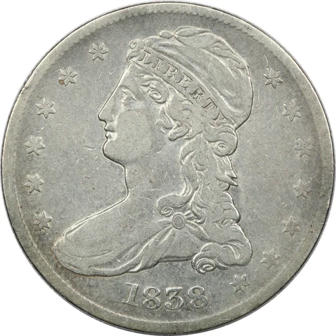 1838 Reeded Edge Capped Bust Half Dollar 50C, Very Fine VF, Lightly Cleaned Cover