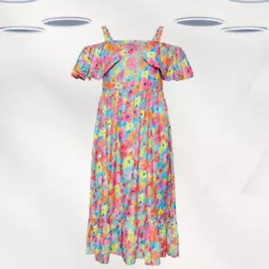 Ex Women's Floral Frill Cold Shoulder Midi Dress in Multi (Defect) - Picture 1 of 4