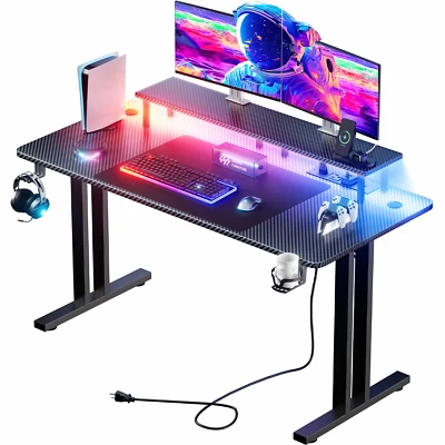 Gaming Desk with LED Lights & Power Outlets, Gamer Desk with Monitor Stand - Image 1 of 4
