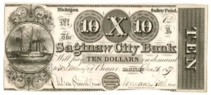 1837 Saginaw City Bank, Saginaw, Michigan banconota da 10 dollari obsoleta n.62 (60073) - Foto 1 di 2