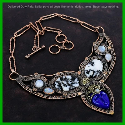 Collar boho cadena de moda turquesa búfalo blanco piedra cara tallada azul cobre Foto 1 de 4