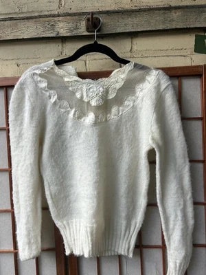Suéter de lana blanco S vintage años 70 para mujer con malla y bordado Foto 1 de 4