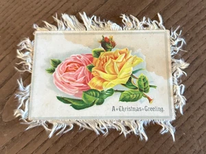 Antike viktorianische Weihnachts Neujahr Blumen Grußkarte, Fransen, doppelseitig - Bild 1 von 2