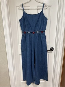 Gorman Women's SZ 14 Demin Wide Leg Sleeveless Jumpsuit Blue Floral Accent - Picture 1 of 10