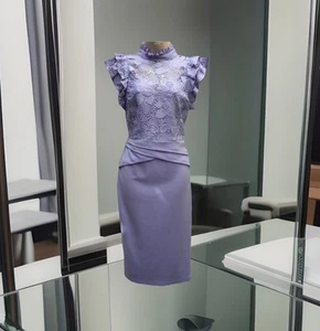 New Lipsy Size 10 Cornflower Blue Lace Ruffle Top Bodycon High Neck Midi Dress - Picture 1 of 18