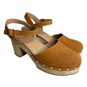 Ann Taylor Loft Leather Clogs Mules Tan Brown Chunky Wooden Sole Size 10M