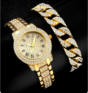 Brillante CRISTAL Diamantes de Imitación CLÁSICO Oro RELOJ y Juego de PULSERA de Eslabones Cubanos - Imagen 1 de 10