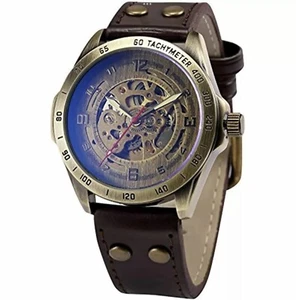AMPM24 Skeleton Steampunk Watch Bronze Case Automatic Mechanical  Leather Band - Picture 1 of 13