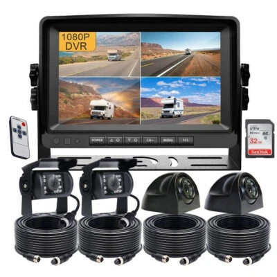 9'' Quad Split DVR IPS Monitor 4 Backup Reverse Parking Camera Kit for Truck Bus - Image 1 of 4
