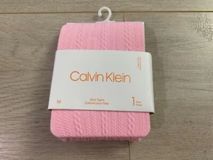 Calvin Klein CK Girls Classic Footed Tights Cable Textured Pink Size M Medium - Picture 1 of 3