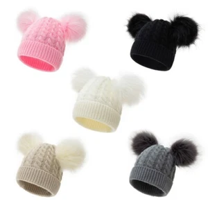 Fur Kids Girl Boy Winter Knitted Caps for Girls Hemming Hat - Picture 1 of 12