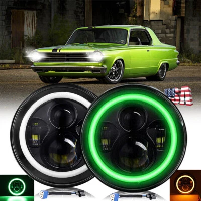 Pair 105W DOT 7" Round Led Headlight Green DRL H4 1964-1976 fit Dodge Dart D100 - Image 1 of 4