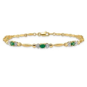 10K Solid Yellow Gold Diamond Emerald Tennis Bracelet - Picture 1 of 12