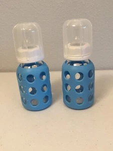LIFEFACTORY Lot Of 2. Glass Baby Bottles W/ Blue Silicone Sleeve. 4 Oz. Exc Cond - Picture 1 of 7