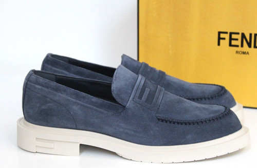 Scarpe mocassino slip on nuove taglia 11 US 10 UK FENDI blu scamosciato telaio logo FF
