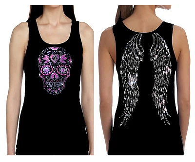 ALL RHINESTONE SUGAR SKULL ANGEL WINGS DAY OF THE DEAD BLING TANK TEE SHIRT  - Image 1 of 3