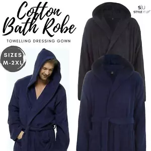 Mens Terry Towelling Bath Robe 100% Cotton Soft Dressing Gown Hooded Bathrobe UK - Picture 1 of 6