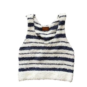 Anthropologie Shirt Damen Gr. L blau-weiß ärmellos bauchfreies Oberteil flauschiger Strick - Bild 1 von 8