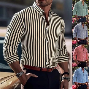 Ins Stripe Printed Long Sleeve Shirt Men Fashion Casual Lapel Button Top Clothin - Picture 1 of 13