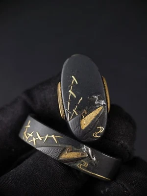 Barco japonês águia e pônei Fuchi & Kashira para Katana Edo período B158 - Imagem 1 de 4