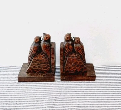 Stunning Arts And Crafts Style Wooden Book Ends Hand Carved Birds Signed French - Image 1 of 4