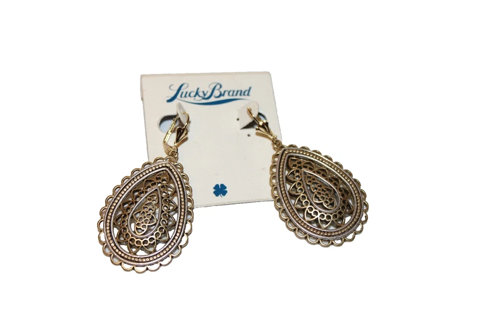 Lucky Brand Earrings gold tone teardrop cut off design ladies lever back - Image 1 of 2