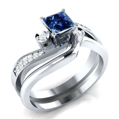 2.15Ct Blue Princess Lab Created Diamond Engagement Ring Set 14K White Gold Over - Image 1 of 4