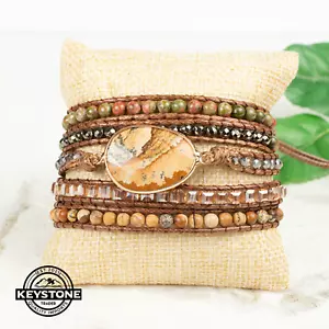 Quality Women Leather Boho Wrap Bracelet Brown Agate Healing Stone Flower Button - Picture 1 of 3
