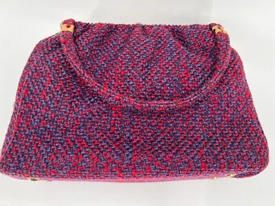 Vintage 50's Wool Red/Blue Tweed Handbag Double Handle Snap Clasp 8" X 12" x 4" - Image 1 of 4