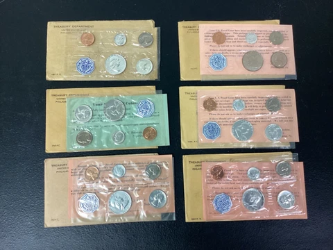 Lot of (6) 1957, 1960, 1961, 1962, 1963 U.S. Silver Proof Sets - Cello/Envelope Cover