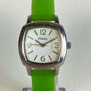 Fossil Watch Women Silver Tone Green Jelly Band Square 28mm New Battery 8"