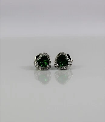 WHITE GOLD FINISH Created Diamond and Green Emerald Heart Cut Earrings - Image 1 of 4