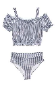 Habitual L132302 Girls Blue Skye Stripe-The-Shoulder Two-Piece Swimsuit Size 7/8 - Picture 1 of 3