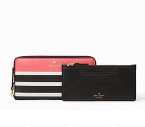 Kate Spade New York Womens Hyde Lane Stripe Michele Wallet Zip Around Pink Black - Picture 1 of 13