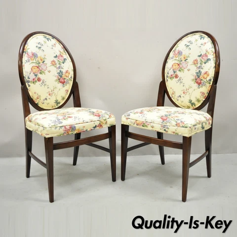 French Art Deco Oval Upholstered Back Mahogany Wood Frame Dining Chairs - a Pair Cover