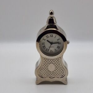 Quartz Miniature Novelty Clock Ornate Looking Tall Clock Shaped Silver Colour