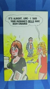 Saucy Comic Postcard 1960s Handbell Ringing I SAID HUSBAND BELLS BEEN CRUSHED - Picture 1 of 2