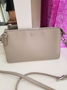 Tory Burch Carter Slim Crossbody in French gray with silver tone hardware...