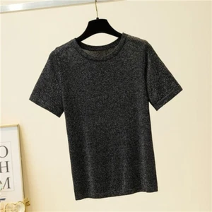 Women Shiny Knit Pullover Slim Short Sleeve Sweater Glitter Cropped Top Thin - Picture 1 of 14