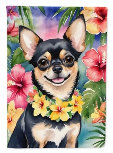 Chihuahua Black/Tan Luau Tropical Flowers Flag - Picture 1 of 16