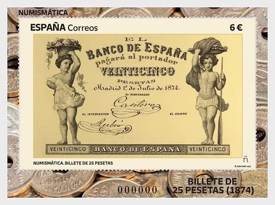 spain 2025 espagne Numismatics 25 Peseta Banknote 1874 allegory agriculture ms1v - Image 1 of 1