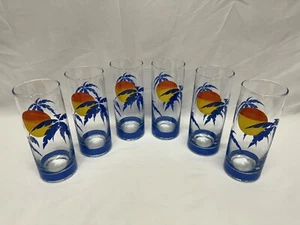 Set Of 6, Vtg Palm Trees and Setting Sun Tom Collins Highball Glasses Tumblers - Picture 1 of 5