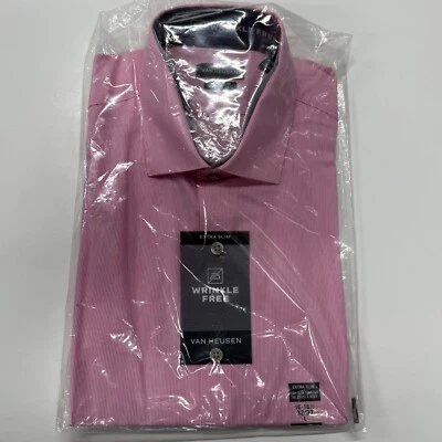 Camisa Van Heusen Abotonada Para Hombre 16 16.5 32/33 L Rosa Rayas Sin Arrugas Delgada Foto 1 de 4