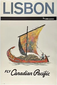 Original Vintage Poster LISBON FLY CANADIAN PACIFIC Airline Travel Tourism LINEN - Picture 1 of 5