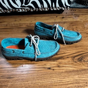 Ferrimi Turquoise Woman’s Leather Tie Loafers Boat Shoes Driving Moccains - Picture 1 of 11