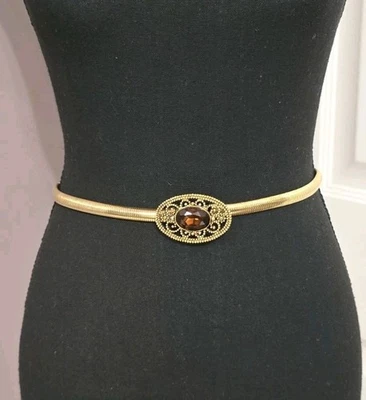 Vintage Accessocraft NYC Goldtone Skinny Flex Belt Stretchy Glass Buckle 25"-28" - Image 1 of 4