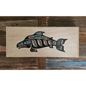 Arte costero del noroeste del Pacífico con bisagras salmón pez madera caja logotipo 18" X 7,5" X 2" - Imagen 1 de 24