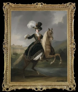 Antiguo arte maestro hecho a mano pintura al óleo antigua noble niña caballo sobre lienzo 40" - Imagen 1 de 2