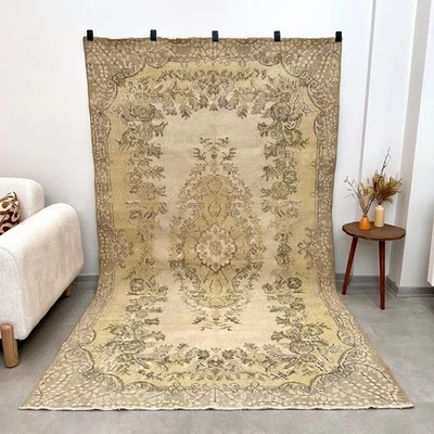 Alfombra antigua beige 6x9, alfombra turca Oushak, tejida a mano, alfombra de lana hecha a mano Foto 1 de 4